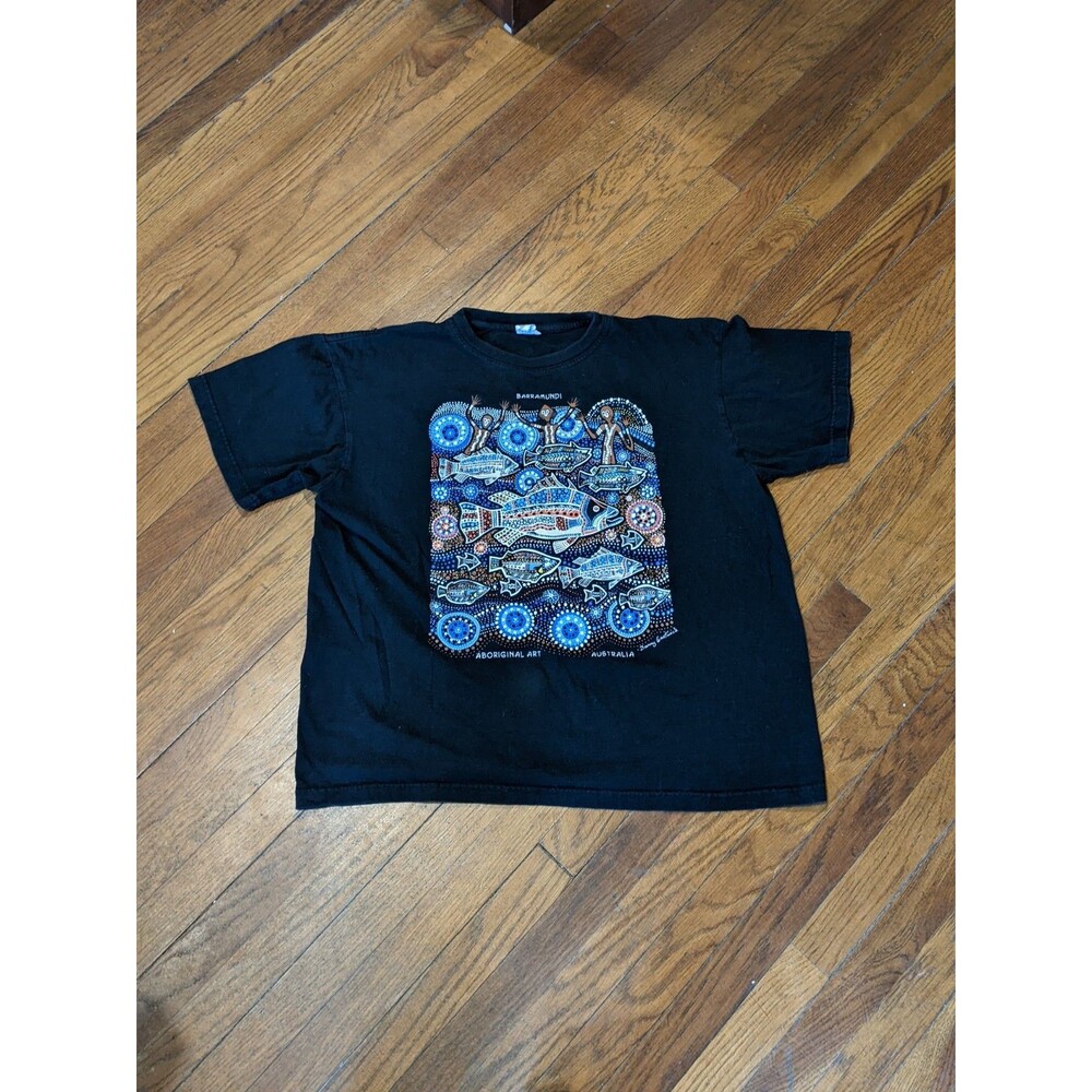 Vintage ‘90s Australia Barramundi Fish Aboriginal Art Black Graphic T-shirt L